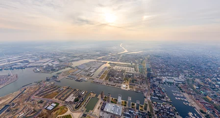 Gardinen Antwerp, Belgium. Panorama of the city. River Scheldt (Escout). Summer morning. Aerial view © nikitamaykov