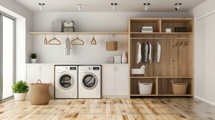 Laundry room and mud room waiting area coat rack hooks baskets shoes washing machine dryer cabinets cupboards interior home. Copy space image. Place for adding text or design 