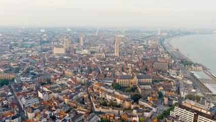 Foto op Canvas Antwerp, Belgium. Panorama overlooking the Cathedral of Our Lady (Antwerp). Historical center of Antwerp. City is located on the river Scheldt (Escaut). Summer morning, Aerial View © nikitamaykov