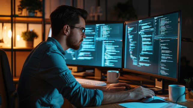 A software developer works on code late into the night, illuminated by the glow of multiple computer screens in a modern office. AIG41