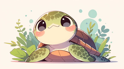 A heartwarming illustration of a smiling cute cartoon turtle enjoying a sunny day amidst vibrant greenery on white background