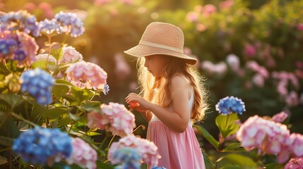 Little girl in bushes of hydrangea flowers in sunset garden. Flowers are pink, blue, lilac and blooming by country house. Kid is in pink dress, straw hat. Romantic concept of childhood, tenderness