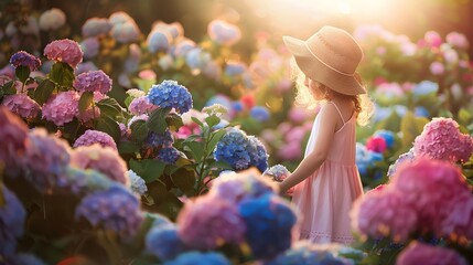 Little girl in bushes of hydrangea flowers in sunset garden. Flowers are pink, blue, lilac and blooming by country house. Kid is in pink dress, straw hat. Romantic concept of childhood, tenderness - obrazy, fototapety, plakaty