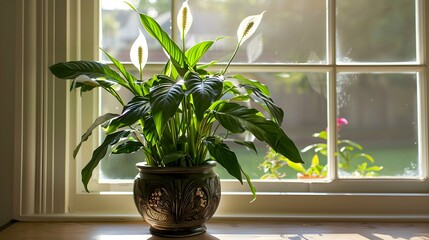 Lush peace lily in a decorative carved pot, bathed in soft sunlight near a window, enhancing a home's ambiance