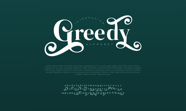 Greedy premium luxury elegant alphabet letters and numbers. Vintage wedding typography classic serif font decorative vintage retro. Creative vector illustration
