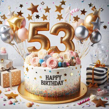 Vector Illustration of a Number 53rd Birthday Balloon Celebration Cake, Adorned with Sparkling Confetti, Stars, Glitters, and Streamer Ribbons for a Festive Atmosphere	