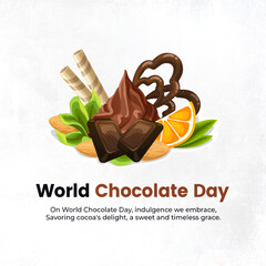 Illustration of chocolate bars and cocoa pods on a white background. Text reads 