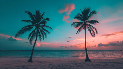 Fototapeta na wymiar trees at sunset, A tranquil beach sunset with palm trees silhouetted against the colorful sky photography