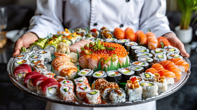 thai dessert in the market, A chef presenting a beautifully crafted sushi platter in a high-end restaurant realistic stock photography