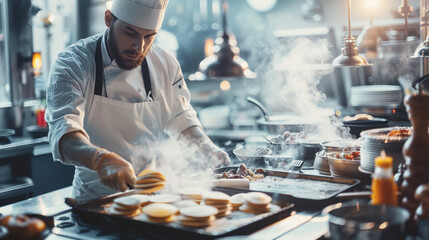 chef preparing food, A chef presenting a beautifully crafted sushi platter in a high-end restaurant realistic stock photography - obrazy, fototapety, plakaty