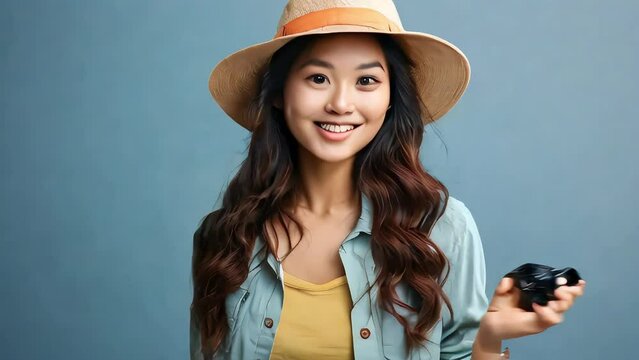 Happy smiling young asian woman tourist in summer hat standing with camera taking photo with copy space