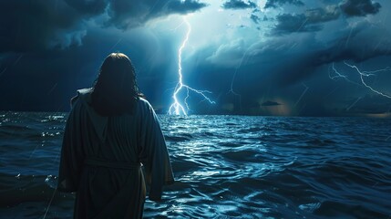 Jesus Christ was standing on the sea with lightning flashing