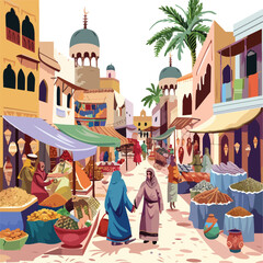 A bustling bazaar with vendors selling exotic goods.