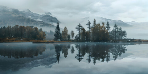    Misty Morning Fog Over Mountain Lake at Dawn River and forest in mountains background and wallpaper Foggy autumn morning with mountains and reflection.  - obrazy, fototapety, plakaty