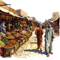 A bustling bazaar with vendors selling exotic goods.