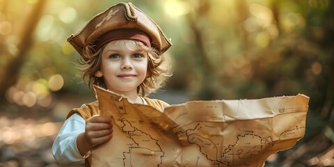 Adventurous Child Pirate Holds Treasure Map Amid Lush Outdoor Landscape on Exciting Expedition