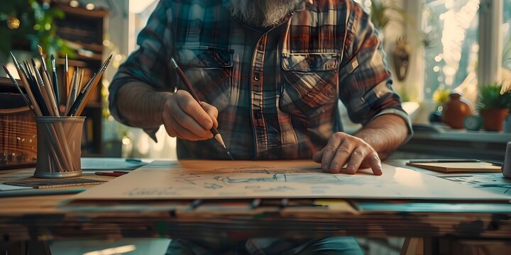 Animator Bringing Stories to Life with Pencil and Paper on Rustic Wooden Drawing Board in Cozy Creative Workspace