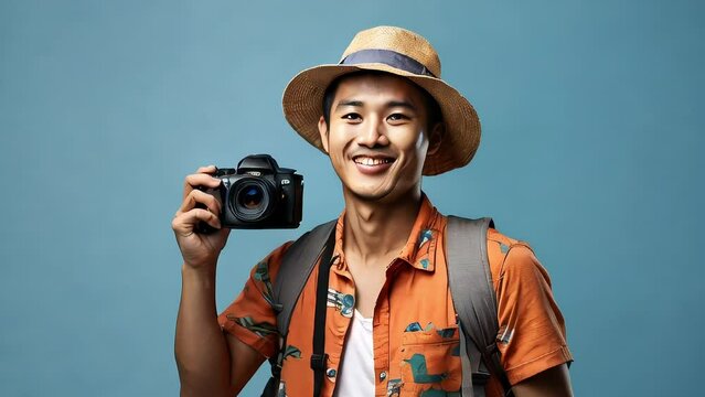 Happy smiling young asian man tourist in summer hat standing with camera taking photo with copy space