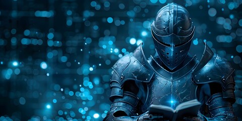 Futuristic Digital Knight Solving Tech Support Problems with Glowing Armor and Energy - obrazy, fototapety, plakaty