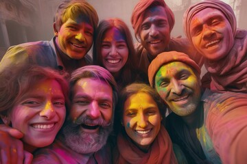 Diverse friends covered in colorful powder smiling during Holi festival celebrations