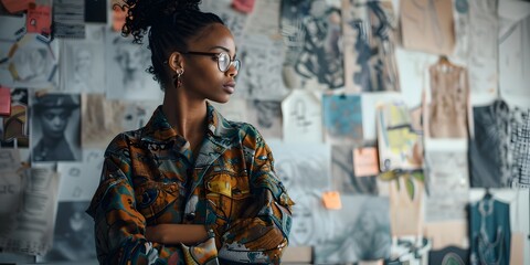 Visionary fashion designer brainstorms trendsetting ideas and sketches in her modern,creative workspace