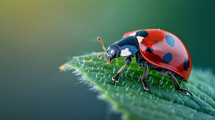 macro photo of a ladybug crawling on a leaf, capturing its vibrant red color and distinctive spots - obrazy, fototapety, plakaty