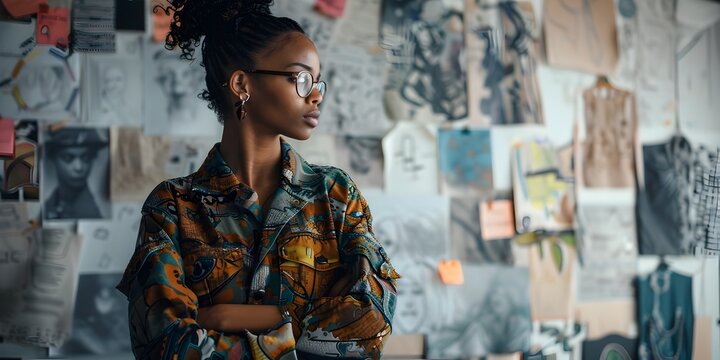 Visionary fashion designer brainstorms trendsetting ideas and sketches in her modern,creative workspace