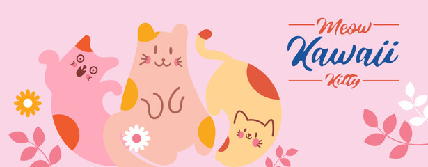 Kawaii Cats vector illustration  Smiling Kitty, cute and round-faced cat