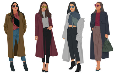 Set of fashion women with coat and sunglasses realistic vector illustration
