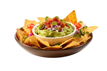 Bowl of Guacamole With Tortilla Chips. On a White or Clear Surface PNG Transparent Background.