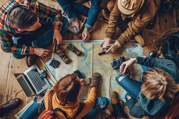 The picture of the group of the young or adult caucasian human focus and looking at a map of the world in a small room that has been filled with various object under bright sun in the daytime. AIGX03. - obrazy, fototapety, plakaty