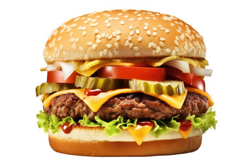 Delicious Hamburger With Cheese, Lettuce, Tomato, and Onion. On a White or Clear Surface PNG Transparent Background.