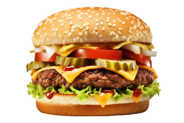 Delicious Hamburger With Cheese, Lettuce, Tomato, and Onion. On a White or Clear Surface PNG Transparent Background.