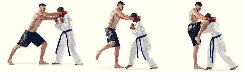MMA, karate and male fighters in studio, banner and competition with action on white background....