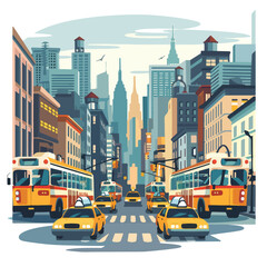A bustling city street with taxis and buses. clipart