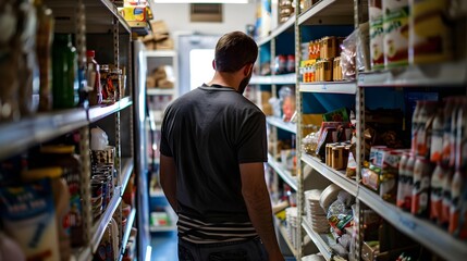 Panic buying amid crisis. A man looks for essentials in a pantry stocked with food