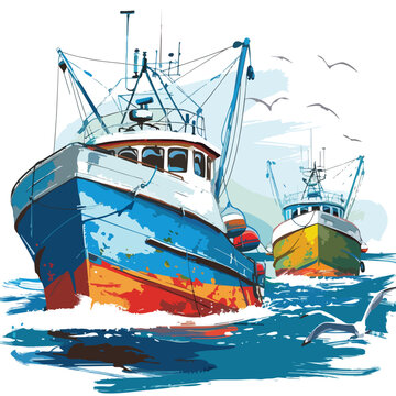 A bustling harbor with fishing trawlers. clipart isol