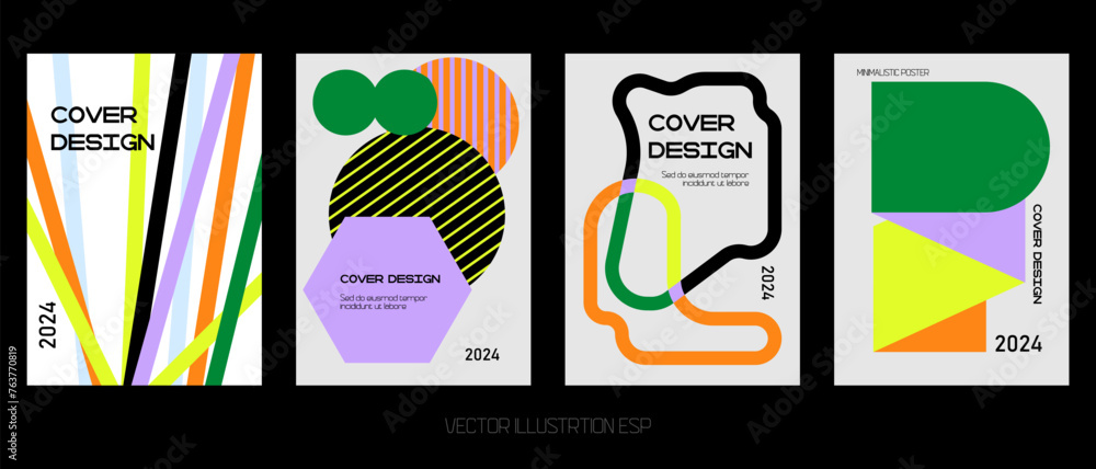 Poster colorful vector minimalistic posters with bizarre abstract geometric unusual shapes and forms. moder