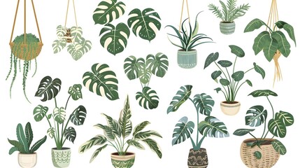 Potted plants collection on white background. Set of interior house plants with baskets, flower pot, monstera, leaves and foliage. Different home indoor green decor illustration for decoration, art. 