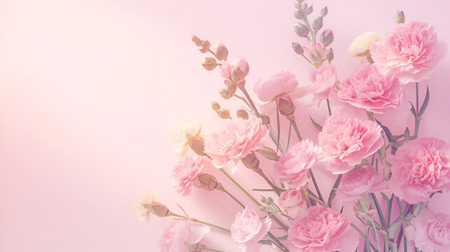 Carnation bouquet on pastel pink background with copy space. 3D illustration concept for Mother's Day holiday greetings card. Wide angle format banner. Generative  AI