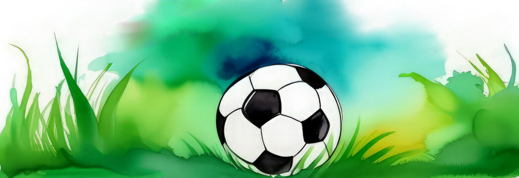 watercolor banner with a soccer ball on the grass