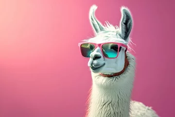 Zelfklevend Fotobehang Llama with Sunglasses on Vibrant Background © kilimanjaro 