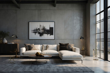Moderne Loft-Wohnzimmer-Einrichtung mit weißem Sofa und Kunst an Betonwand - obrazy, fototapety, plakaty