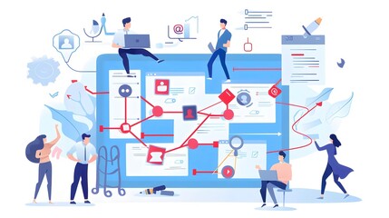 Project management tools for effective or productive work tiny person concept. Teamwork control and manage software as business process flow planning vector illustration. Task organization system.