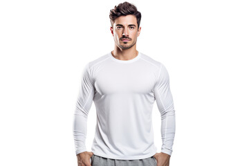 Fototapeta premium Man Wearing White Shirt and Gray Shorts. On a White or Clear Surface PNG Transparent Background.