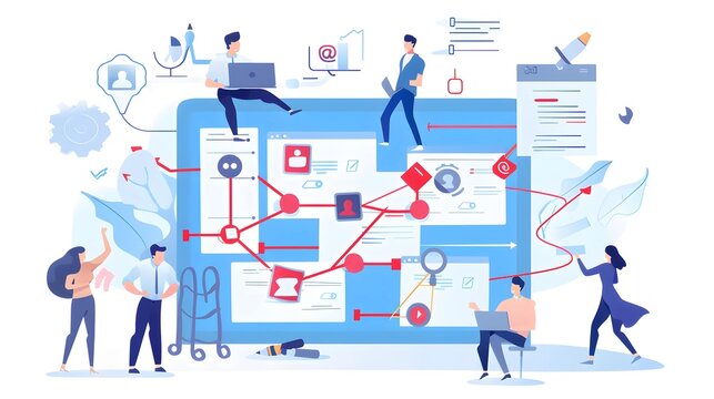 Project management tools for effective or productive work tiny person concept. Teamwork control and manage software as business process flow planning vector illustration. Task organization system.