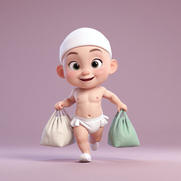 Cute 3D render Indonesian Ghost Tuyul Holding Money Bag Illustration. People Holiday, bald kids holding money bag
