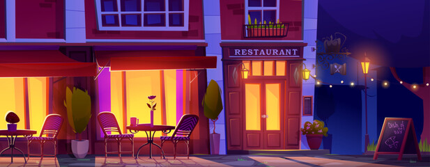 Cartoon restaurant outside eating area at night. Dark cityscape of cafe exterior with tables and chairs, decorative plants in pots near large lightening windows and red door. Terrace on sidewalk - obrazy, fototapety, plakaty
