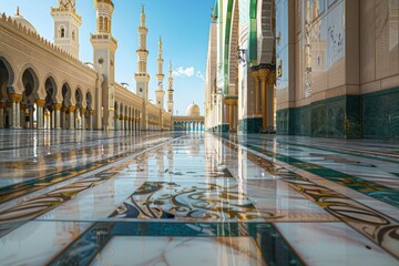 Masjid Nabawi - Prophet Mosque in Madinah al-Munawwarah and copy space - generative ai - obrazy, fototapety, plakaty