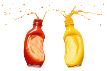 Two Bottles Filled With Liquid. On a White or Clear Surface PNG Transparent Background.